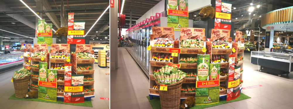 2 foto's die het mooie point of sale display van Imperial meat products tonen