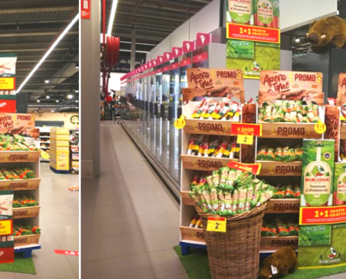 2 foto's die het mooie point of sale display van Imperial meat products tonen