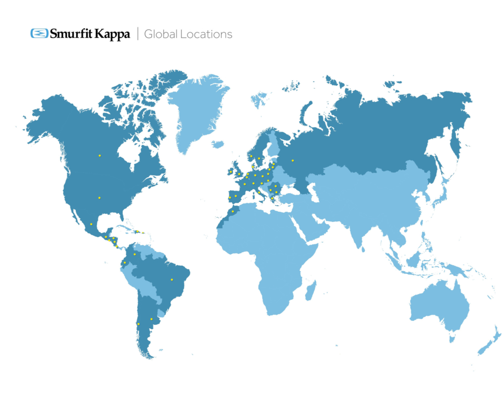 Een wereldkaart met de aanwezigheid van Smurfit Kappa op aangeduid