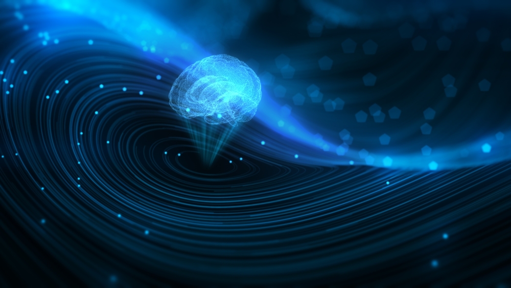 A blue hologram brain floating in space with blue waves around it.